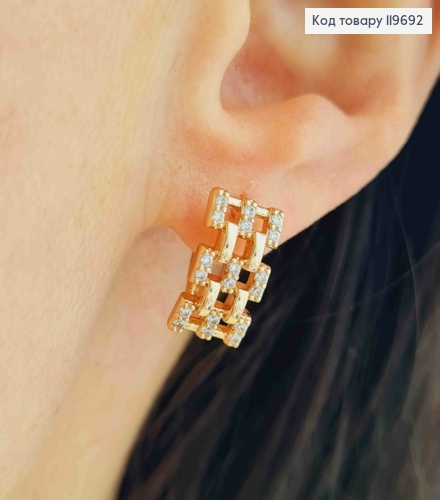 Серьги Прямоугольные Ажурные с Блестящими камешками, дл. 1,4см, англ. застежка, Xuping 18К 119692 фото 1