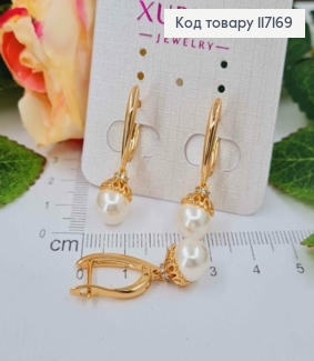 Сережки  з підвіскою  ПЕРЛИНКОЮ (0,8см), довжина 1,9см + 1см,  англійська застібка, Xuping 18K 117169 фото