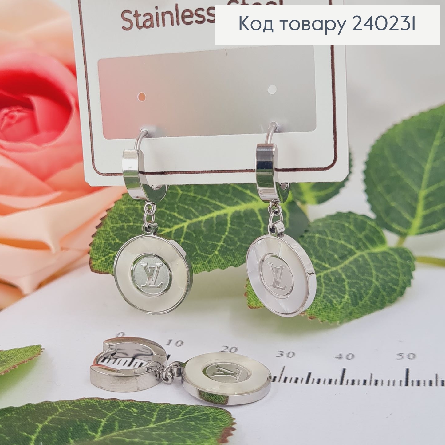 Сережки родированые кольца LVMH с белой вставкой, 3*1,5см, Stainless Steel 240231 фото 1