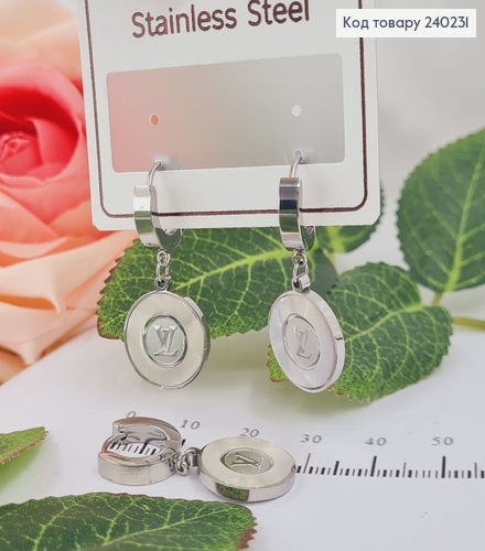Сережки родированые кольца LVMH с белой вставкой, 3*1,5см, Stainless Steel 240231 фото 1