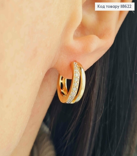 Сережки кільця прикрашені Блискучими камінцями, ширина 6мм, діаметр 1,6см, Xuping 18К 118622 фото 2