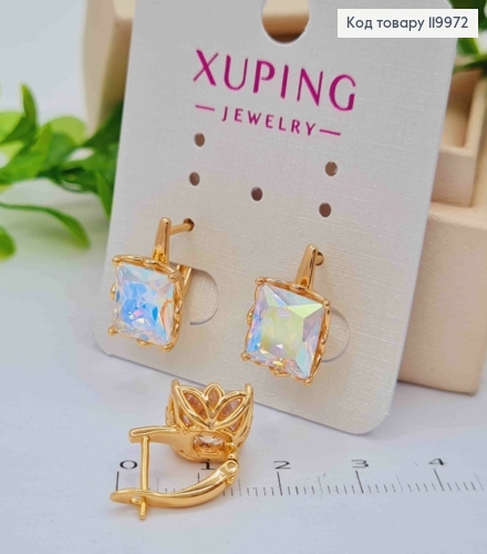 Сережки з квадратним Вишукно-Блискучим каменем Хамелеон, довж 1,5см, англійська застібка, Xuping 18K 119972 фото 1