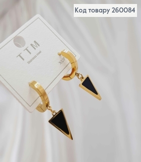 Серьги кольца 1,4см, лимонного цвета, с подвеской Треугольник с черной эмалью,сталь Stainless Steel 260084-1 фото