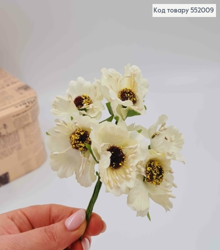 Мак (6шт/пучок) АЙВОРИ из ткани (4см) на дротиках 8см 285057 фото 1