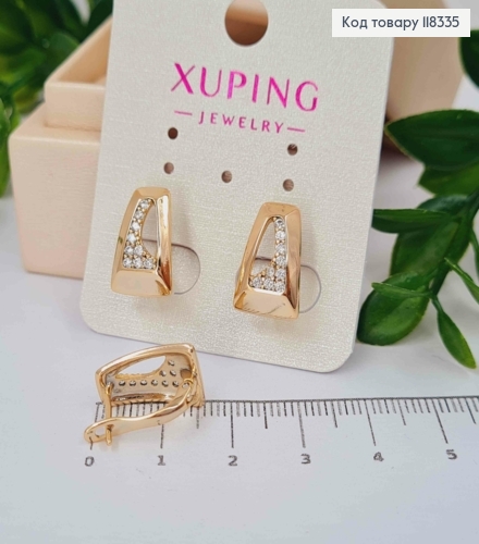 Сережки "Трапеція" прикрашені камінцями, 1,5см, англійська застібка, XUPING 18K 118335 фото 1