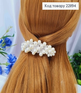 Заколка автомат, украшенная блестящими камешками и жемчужинами, серебряного цвета, 10см. 221194 фото