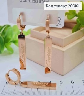 Сережки кільця (1,3см) мідного кольору, з прямокутною підвіскою Cartier (3см), Stainless Steel 260161 фото