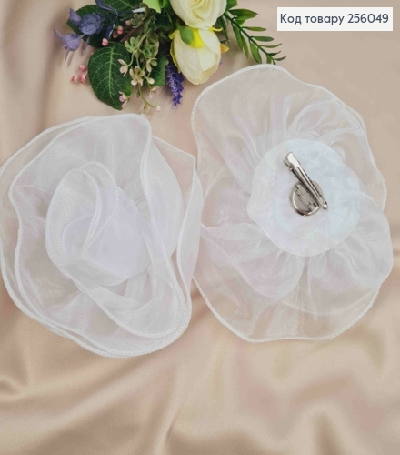 Брошь-заколка, объемная роза БЕЛОГО цвета, 16см, ткань органза кристаллин, ручная работа 256049 фото 1