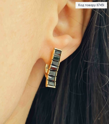 Серьги "ВЕЧНОСТЬ" с камнями в один ряд ЧЕРНОГО цвета, дл. 2см, английский застежка, XUPING 18K 117451 фото 2