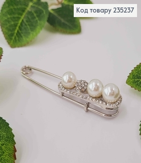 Брошь металл, Булавка серебряного цвета, в камнях с жемчужинами, 7,5см 235237 фото