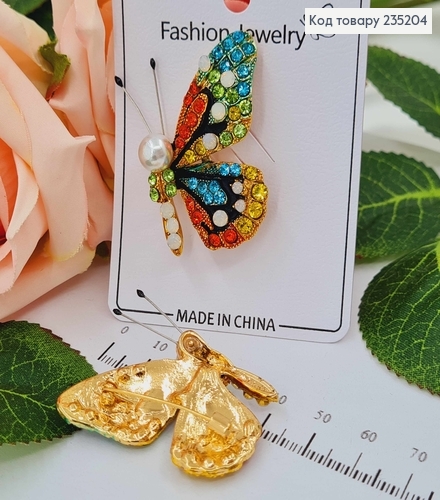 Брошь металл "Бабка", с разноцветными камешками и жемчужиной 4,5см 235204 фото 1