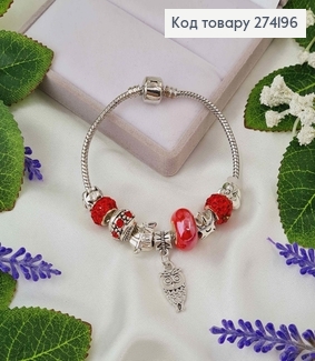 Браслет под Пандору 18 см серебряного цвета с красными шармиками. 274196 фото