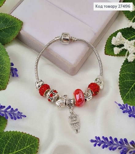 Браслет под Пандору 18 см серебряного цвета с красными шармиками. 274196 фото 1