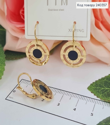 Серьги, Пластинка Римские часы, лимонный цвет с черной эмалью, сталь Stainless Steel 240357 фото 1