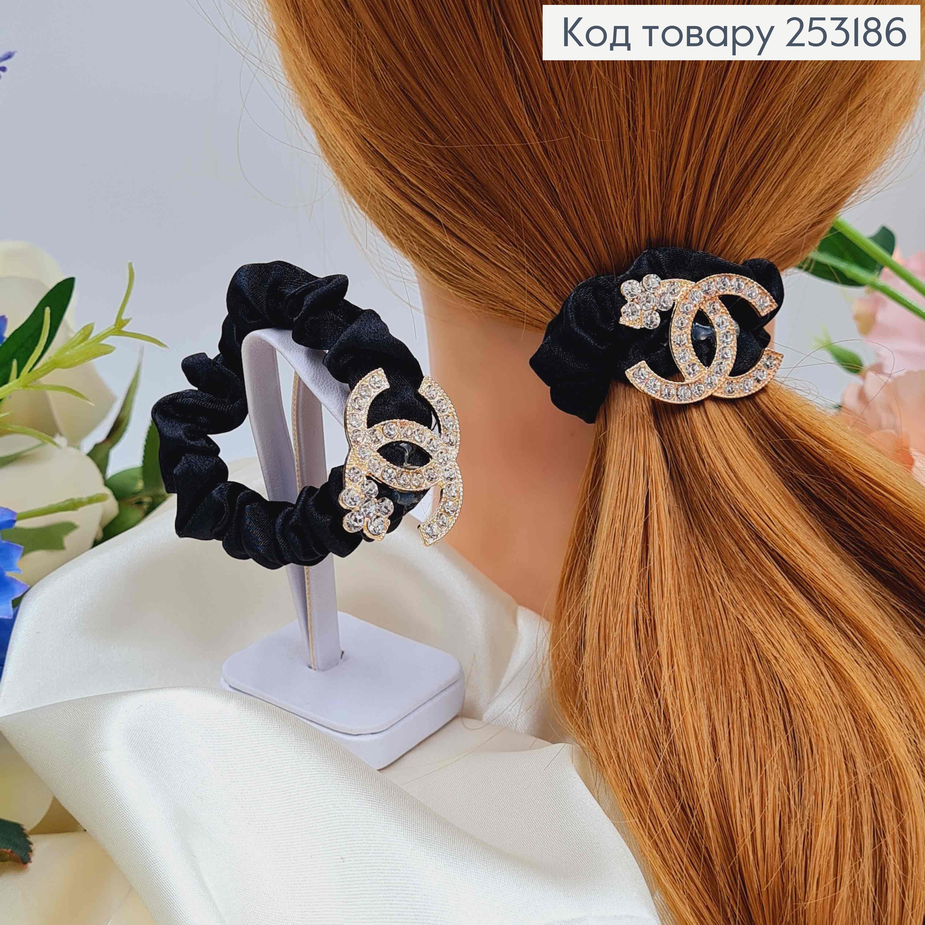 Резинка жатка 6см, Чорного кольору, з пластинкою "Шанель" з квіточкою, в камінцях 253186 фото 1