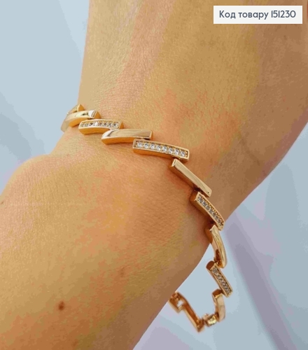 Браслет плетіння прямокутними пластинами з Блискучими камінцями, довжина 17+2см, Xuping 18К 151230 фото 2