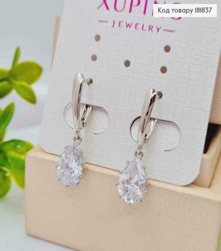 Серьги родованные с подвесным Блестящим камнем "Капелькой", 1,6+1,2см, английская застежка, XUPING 181837 фото 3