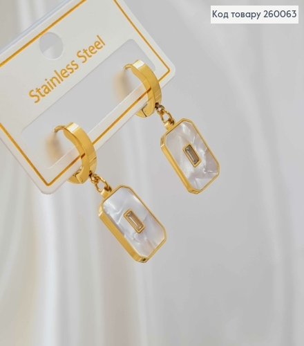 Серьги кольца 1,3см с квадратной подвеской с белой эмалью 1,6см, лимонные, сталь Stainless Steel 260063 фото 1