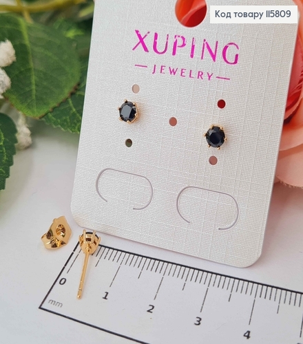 Серьги гвоздики, с круглым камешком Черного цвета, 4мм. Xuping 18K 115809 фото 1