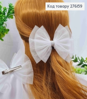 Бант БЕЛОГО цвета, на заколке 5,5см, ткань фатин с люрексом, размер 15*10см, Украина. 276159 фото