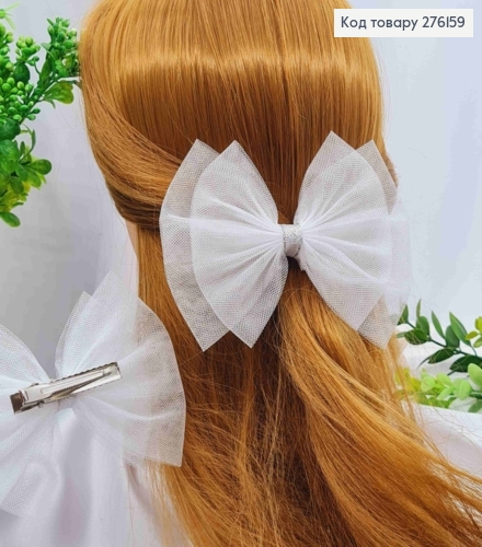 Бант БЕЛОГО цвета, на заколке 5,5см, ткань фатин с люрексом, размер 15*10см, Украина. 276159 фото 1