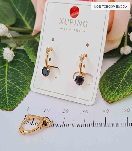 Серьги кольца 1см, "Верона" с черным камешком, Xuping 18K 116536 фото 2