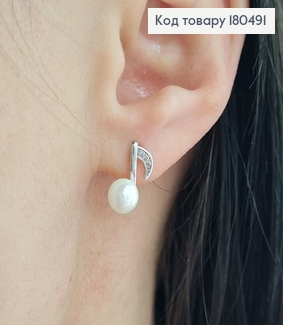 Серьги гвозди Ноты с жемчужиной и камешками родованные Xuping 180491 фото