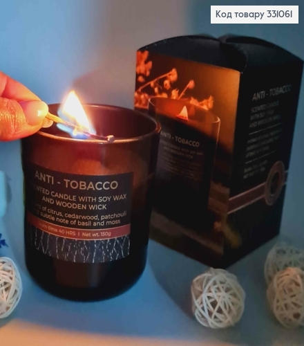 Аромасвічка стакан СОЄВА,дерев"яний гніт, ANTI-TOBACO(citrus+cerdawood+patchouli),150г/40год.,Польща 331061 фото 2
