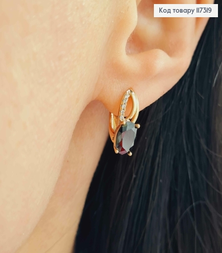 Серьги "Лепесток" с камешками и большим Чёрным камешком 1,7см, англ застежка, Xuping 18К 117319 фото 2