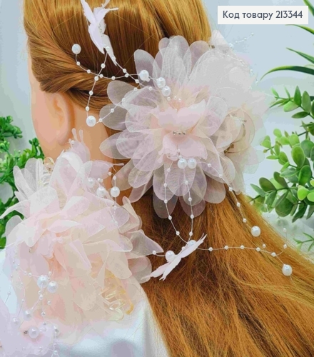 Краб пластик с бантиком из органзы, с бусинками, камешками и бабочками, 13см, персикового цвета. 213344 фото 1