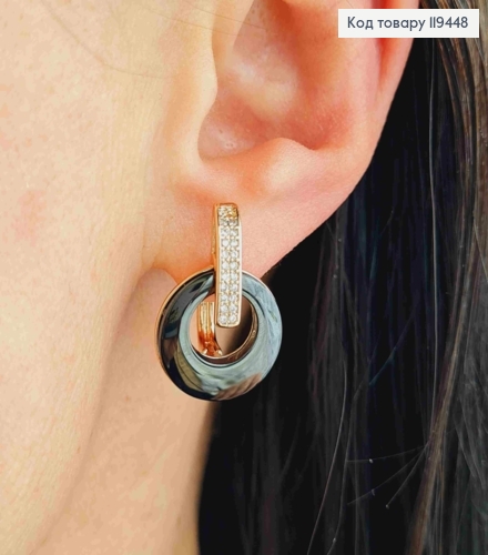 Серьги "Style" с Блестящими камешками и Черной эмалью, 2,2см, английская застежка, Xuping 18К 119448 фото 1