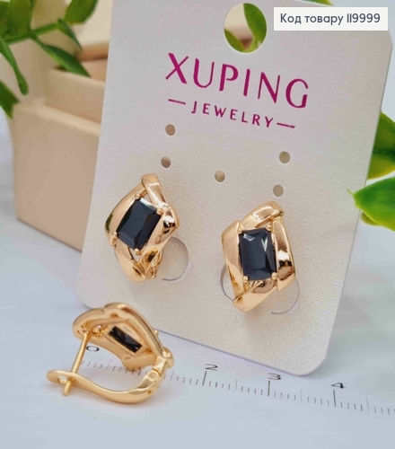 Серьги с изысканным черным камнем, 1,6см, английская застежка, Xuping 18К. 119999 фото 1