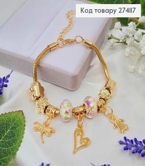 Браслет під Пандору, золотого кольору, з квітковими бусинами 15,5см+4см 274117 фото