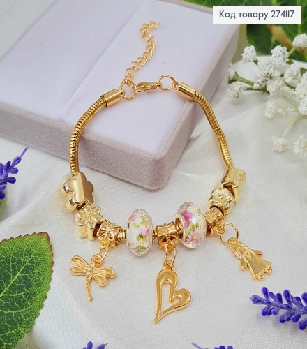 Браслет под Пандору, золотого цвета, с цветочными бусинами 15,5см+4см. 274117 фото 1