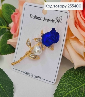 Брошка, "Синя Троянда" з Блискучими камінчиками та Перлинкою, 6,5см, Золотого кольору 235400 фото