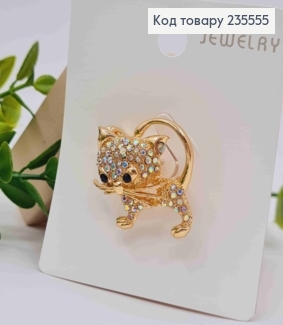 Брошь "Котик" украшена Блестящими камешками Хамелеон, Золотого цвета, 3,2*2,7см 235555 фото