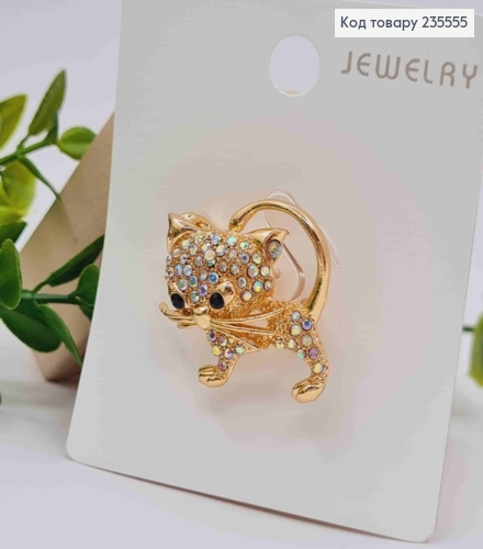 Брошка  "Котик" прикрашена Блискучими камінцями Хамелеон, Золотого кольору, 3,2*2,7см 235555 фото 1