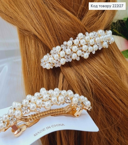 Заколка автомат золотого цвета, в жемчужинах и камнях разного размера, 9см. 222127 фото 1