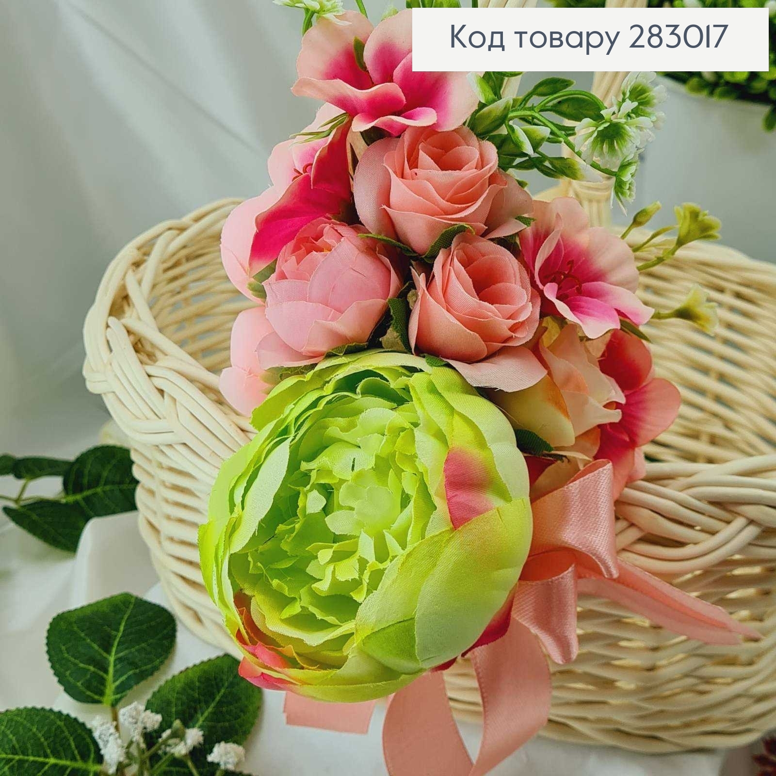 Декоративная повязка для корзины САЛАТОВАЯ в ассорт.(розовые и белые цветы)18*15см на завязках фото 3