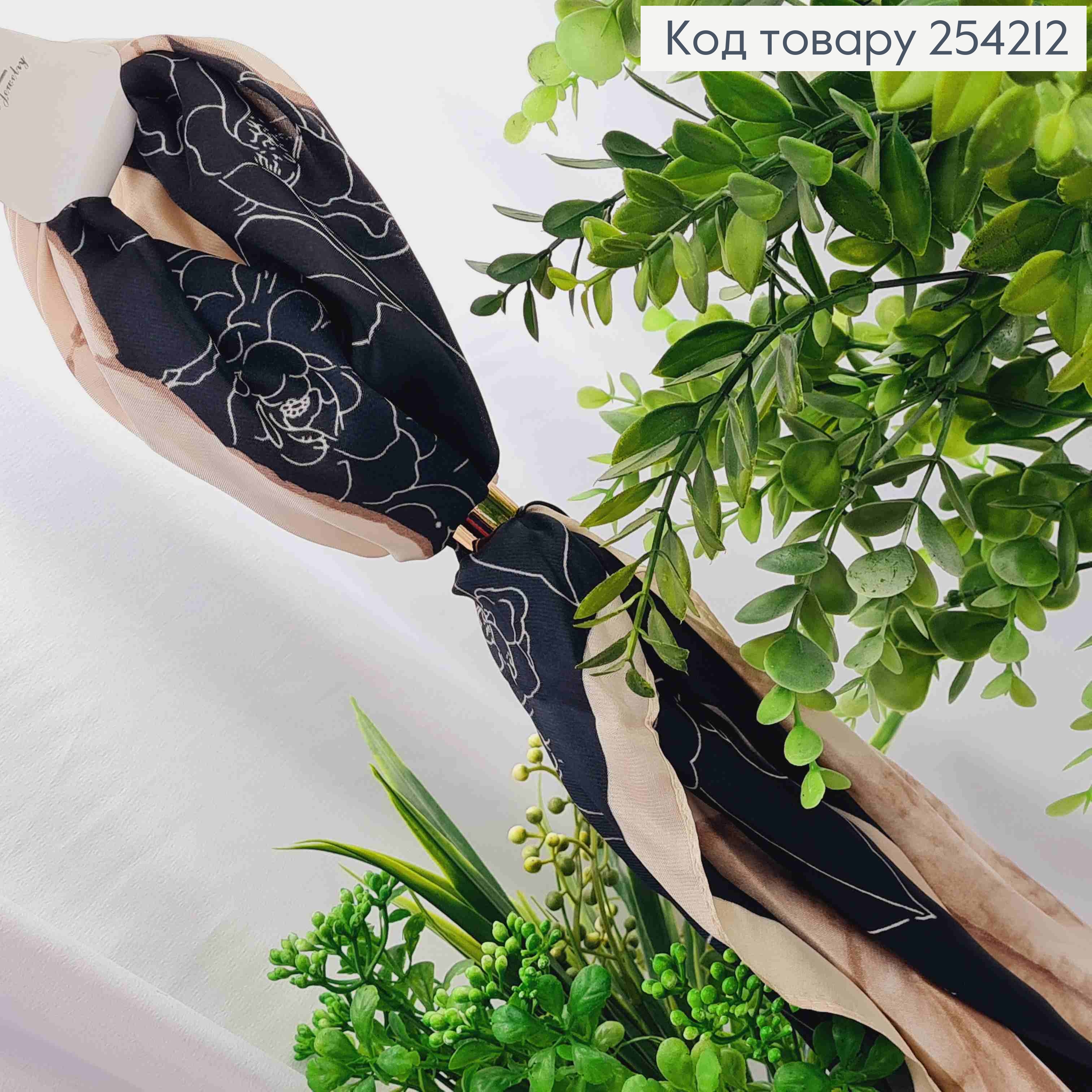 Хустка з колечком, Чорно-Кремового кольору з малюнком "Квітка", 70*70см, 100% поліестр (шовк) 254212 фото 3