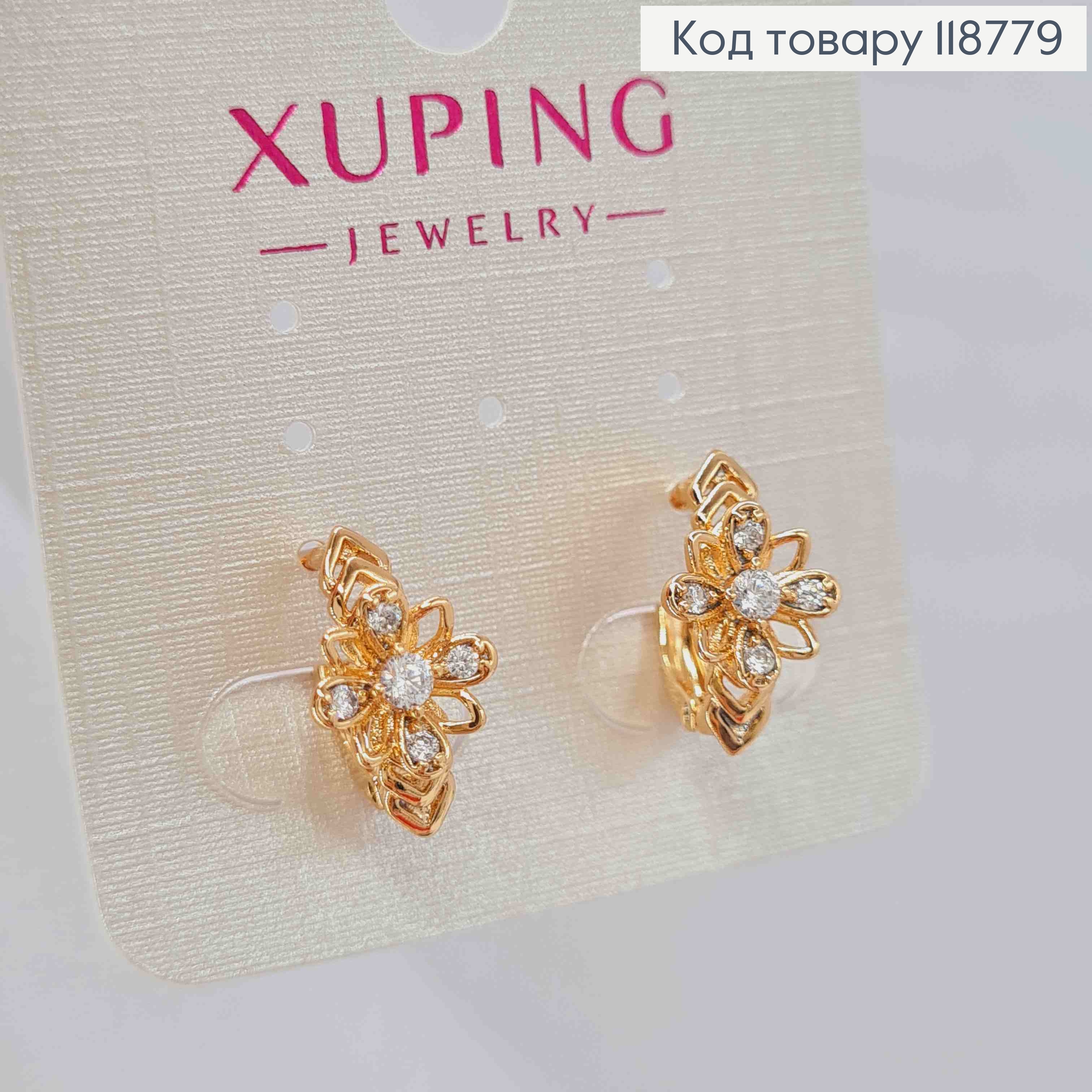 Серьги "Ажурный Цветок" с Блестящими камешками, 1,5см, английская застежка, XUPING 18K 118779 фото 2