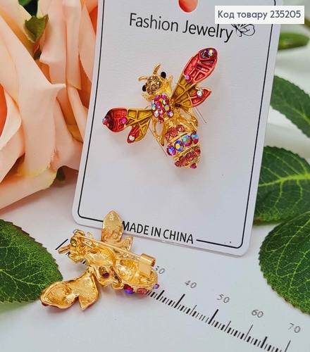 Брошь металл, "Пчелка", с цветными камнями розовых оттенков 4см 235205 фото 1