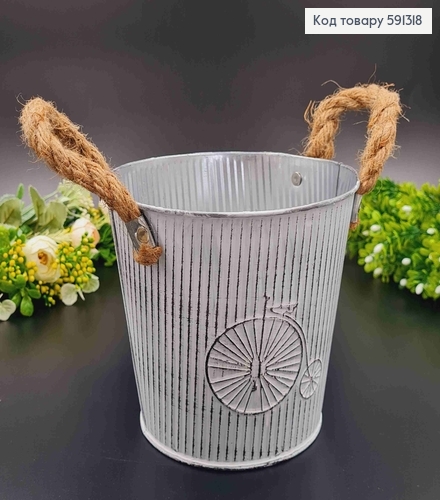 Відерце-кашпо, метал, білого кольору, з ручками з шпагата, висота 14см, Польща 591318 фото 1