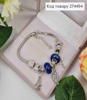 Браслет "ПАНДОРА" с Фиолетовым шармиком (Ключ-Девочка-Листочек), серебряного цвета, бижутерия. 274494 фото