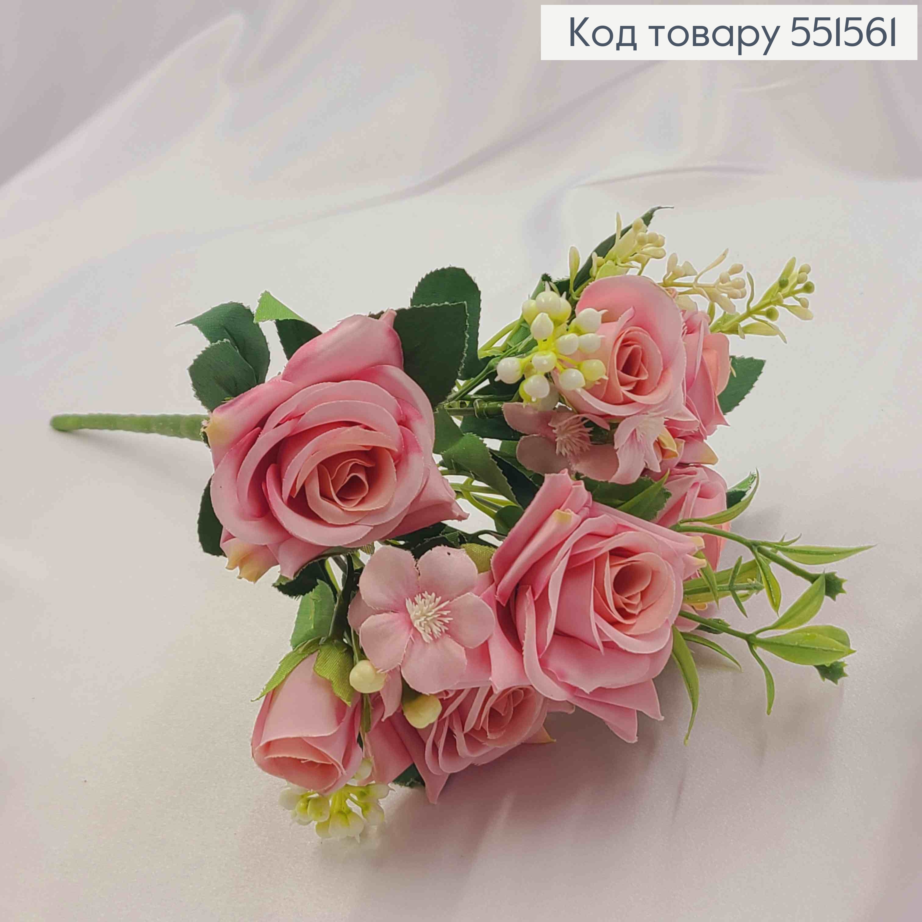 Штучна композиція Троянди, РОЖЕВОГО кольору, 7 гілочок на металевому стержні, висота30см 551561 фото 2