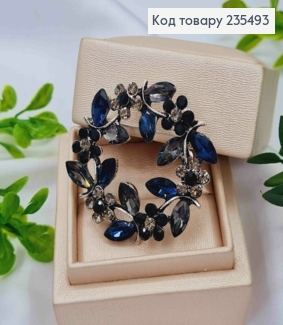 Брошка метал, "Квітковий Віночок" з Графітовими та Синіми камінцями,  діаметр 4см. 235493 фото