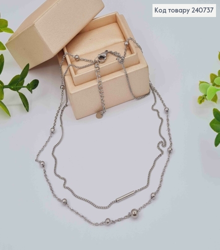 Цепочка серебряного цвета, двойная с Бусинками, 40+5см, сталь Stainless Steel 240737 фото 1