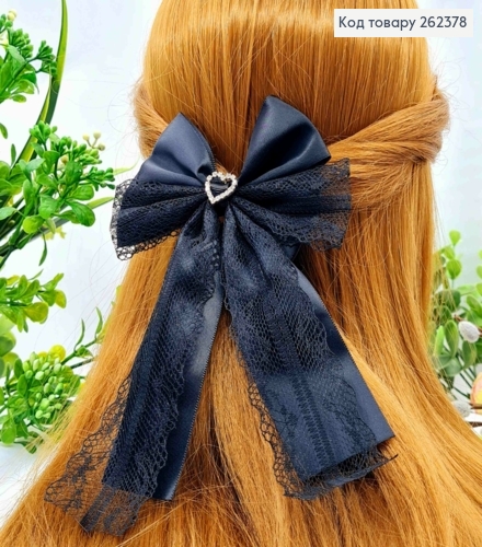 Бант ЧЕРНЫЙ с Сердцем в камнях, на заколке 7,5см, ткань кружево + атлас, размер 11*18см 262378 фото 1