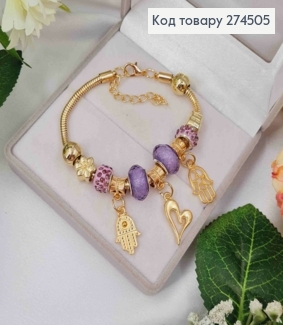 Браслет "ПАНДОРА" с Фиолетовым шармиком и подвесками (Руки-Сердце), золотого цвета, бижутерия. 274505 фото