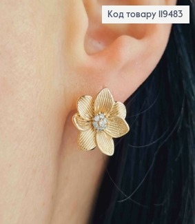 Серьги кольца овальные "Цветочек" с блестящими камешками, 1,4см, Xuping 18К. 119483 фото